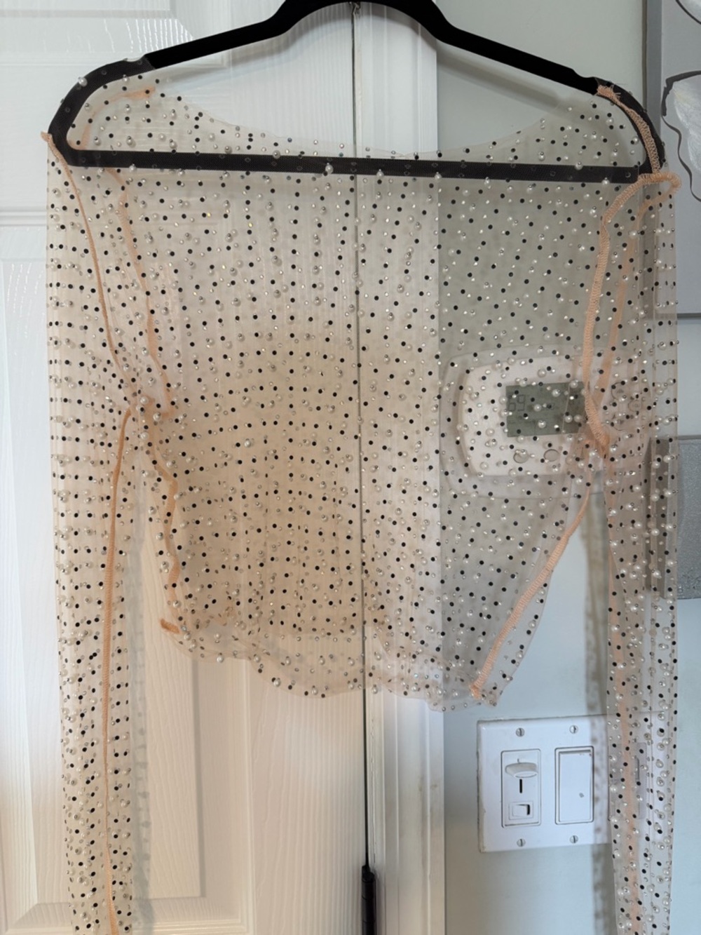 Embellished Sheer Nude Beaded Long Sleeve Top